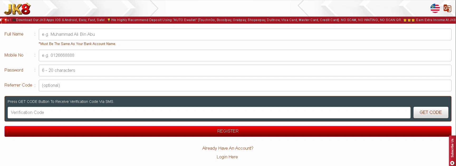 How to register before logging in to JK8 Casino?